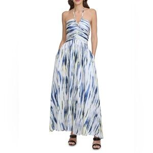 DKNY Blue, White & Yellow Halter Maxi Dress